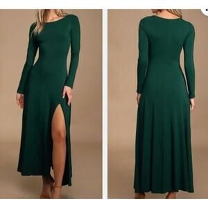 Lulus Forest Green Swept Away Long Sleeve Maxi Dress Large NEW